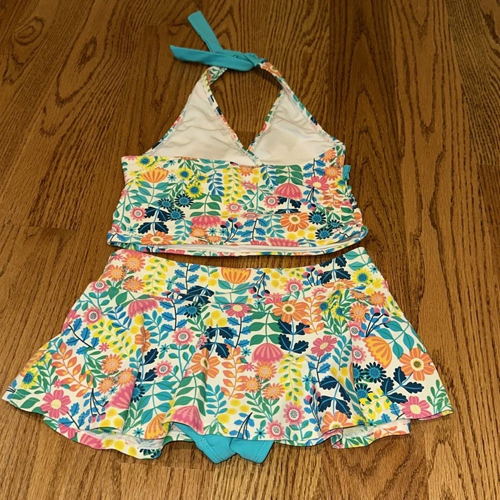 Hanna Andersson Floral Tankini & Skirt Swim Set - Teal, Pink, Yellow, Navy